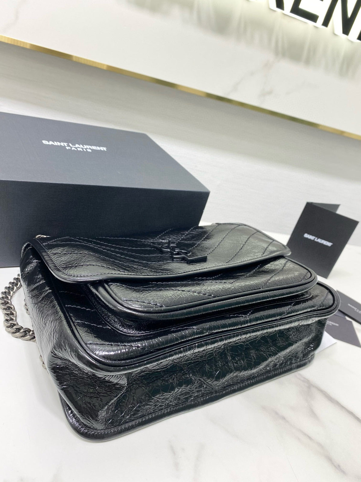 Saint Laurent Medium Niki 28 in Black Calfskin Chain Bag High-End
