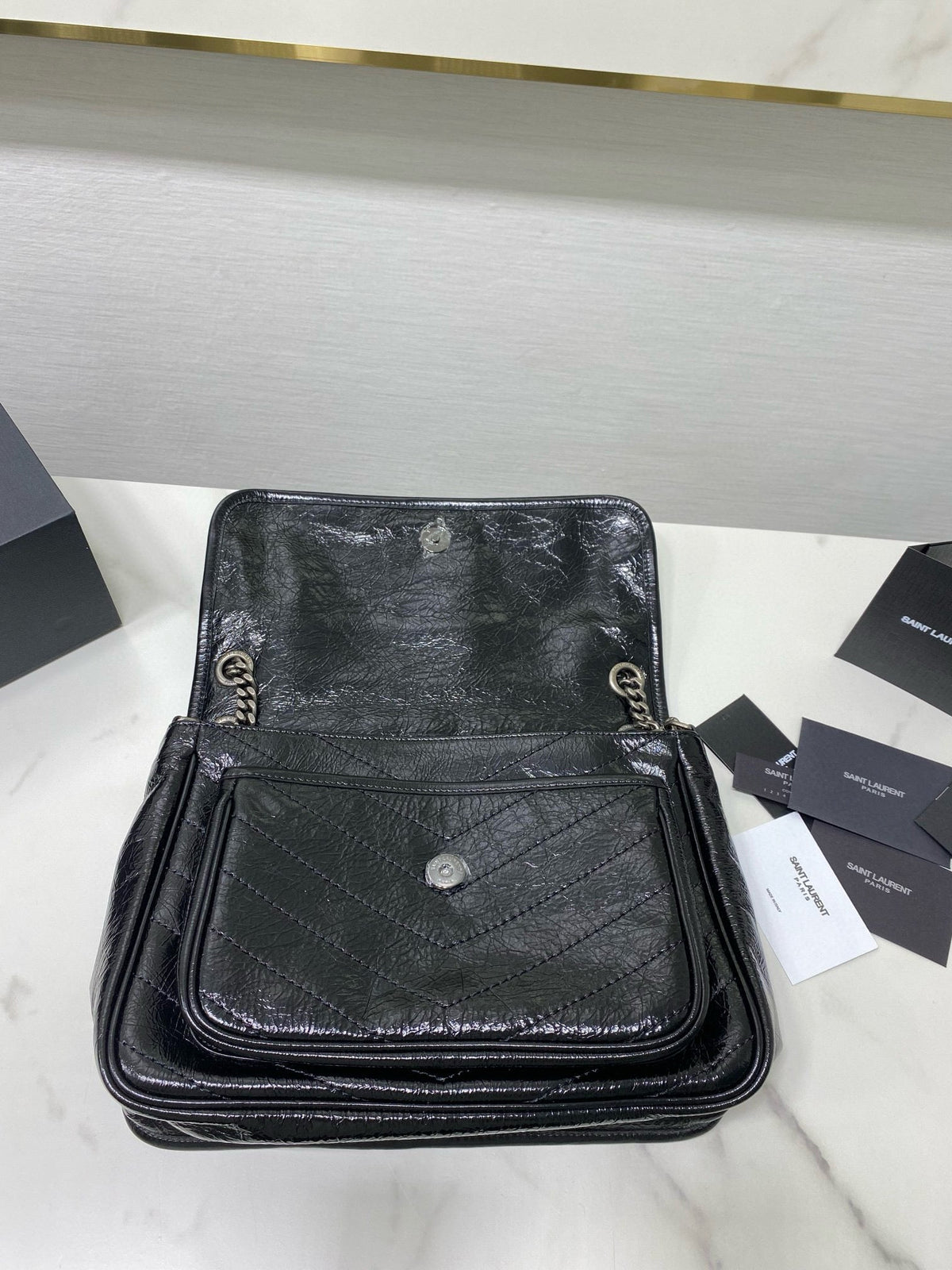 Saint Laurent Medium Niki 28 in Black Calfskin Chain Bag High-End