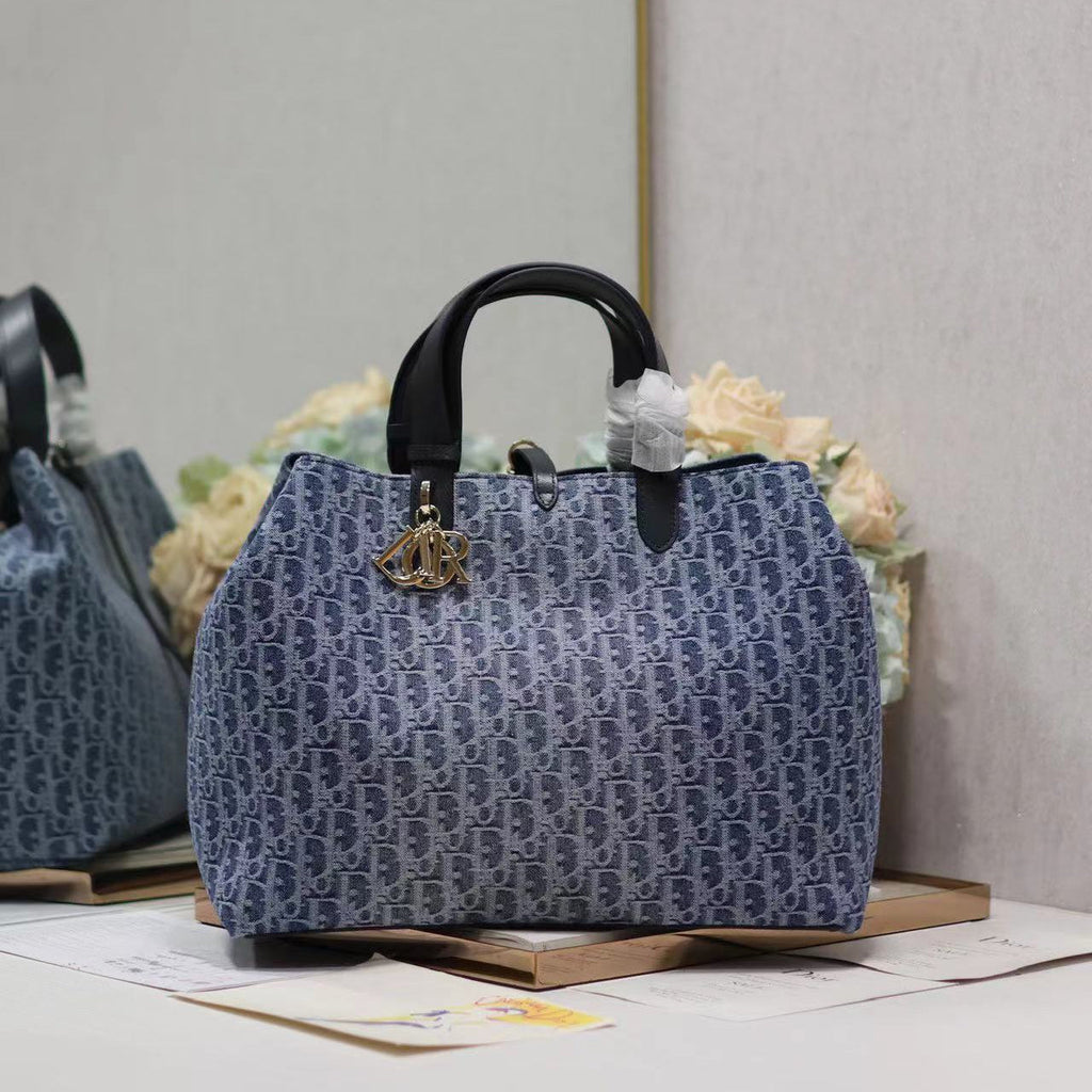 Dior Large Toujours 37 Blue Denim Oblique Jacquard Bag