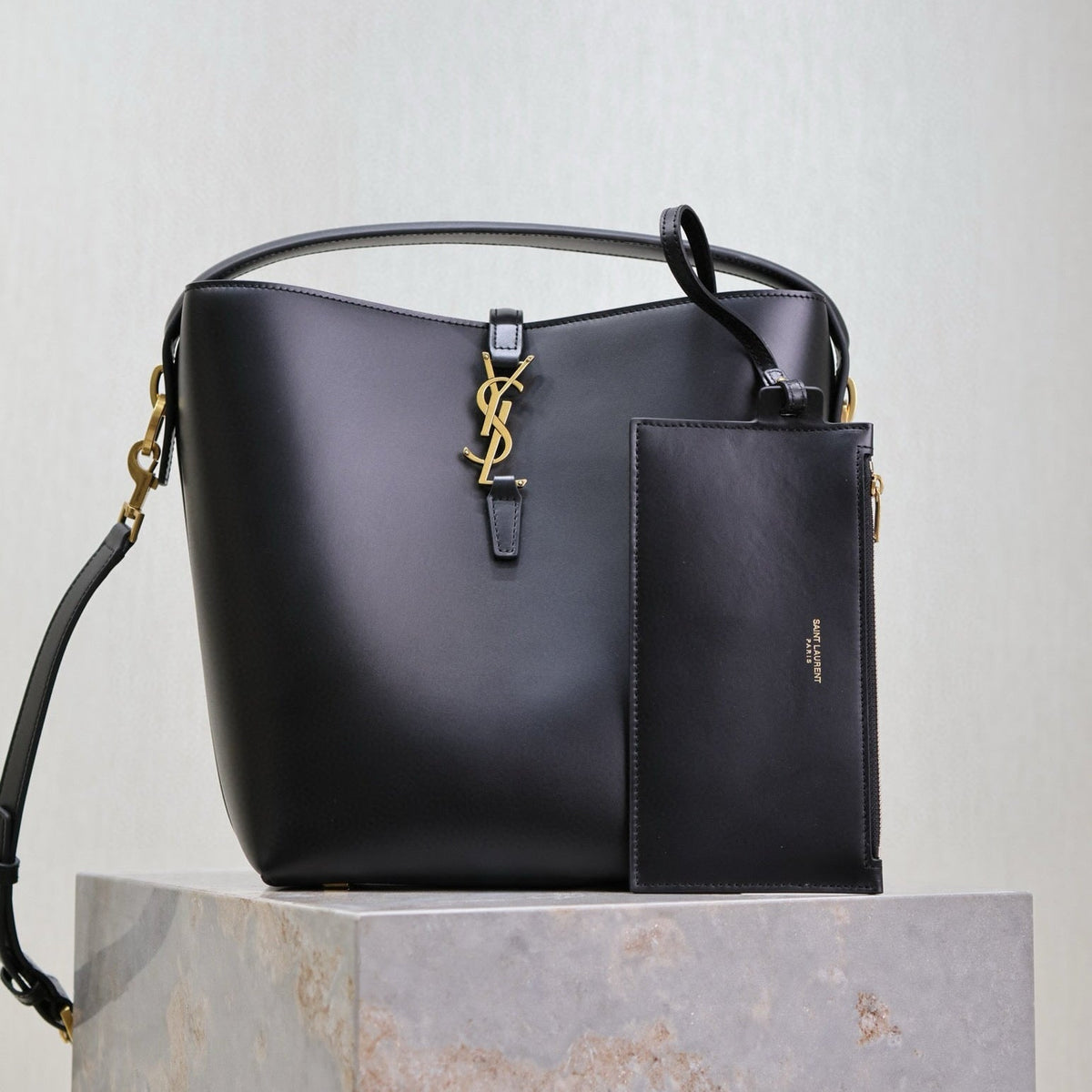 Saint Laurent Le 37 Medium Bucket Bag 26 in Black Calfskin Gold Hardware