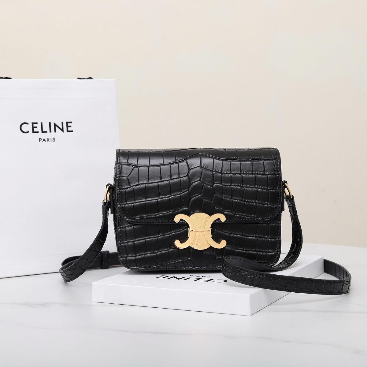 Celine Triomphe Teen 18 Black Alligator Skin Bag