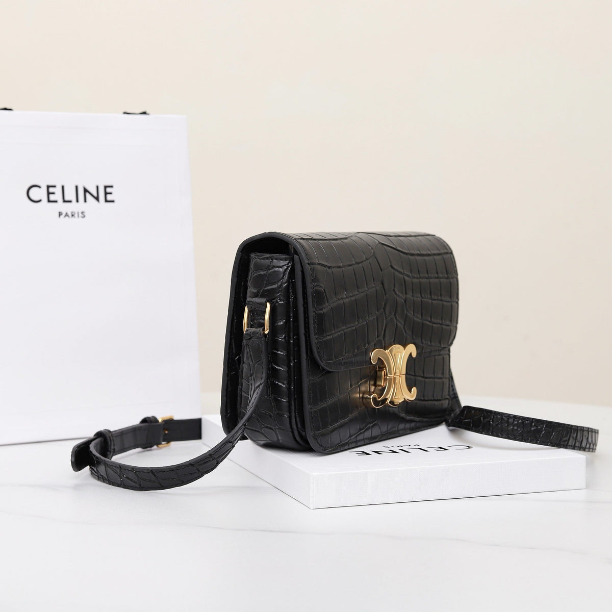 Celine Triomphe Teen 18 Black Alligator Skin Bag
