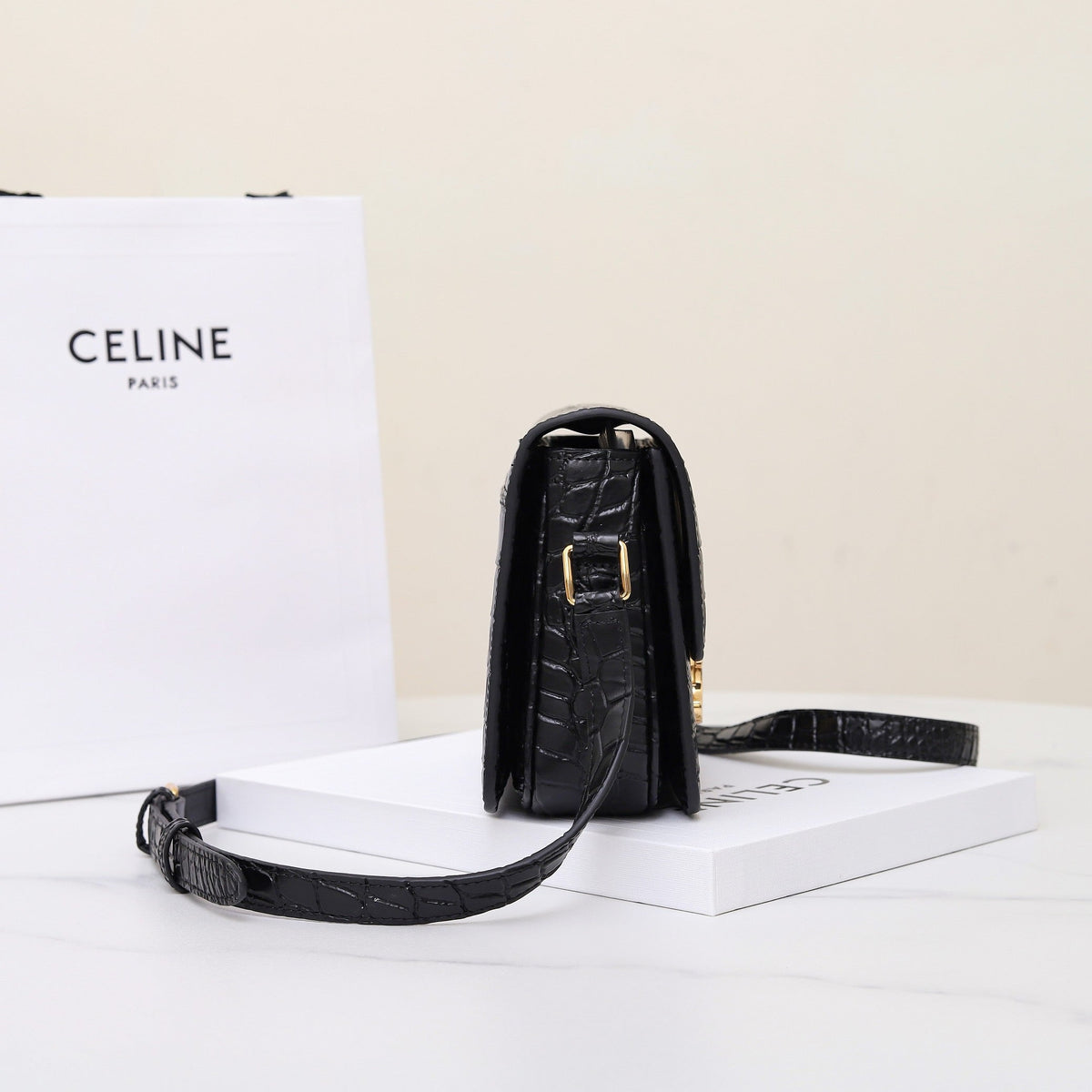 Celine Triomphe Teen 18 Black Alligator Skin Bag