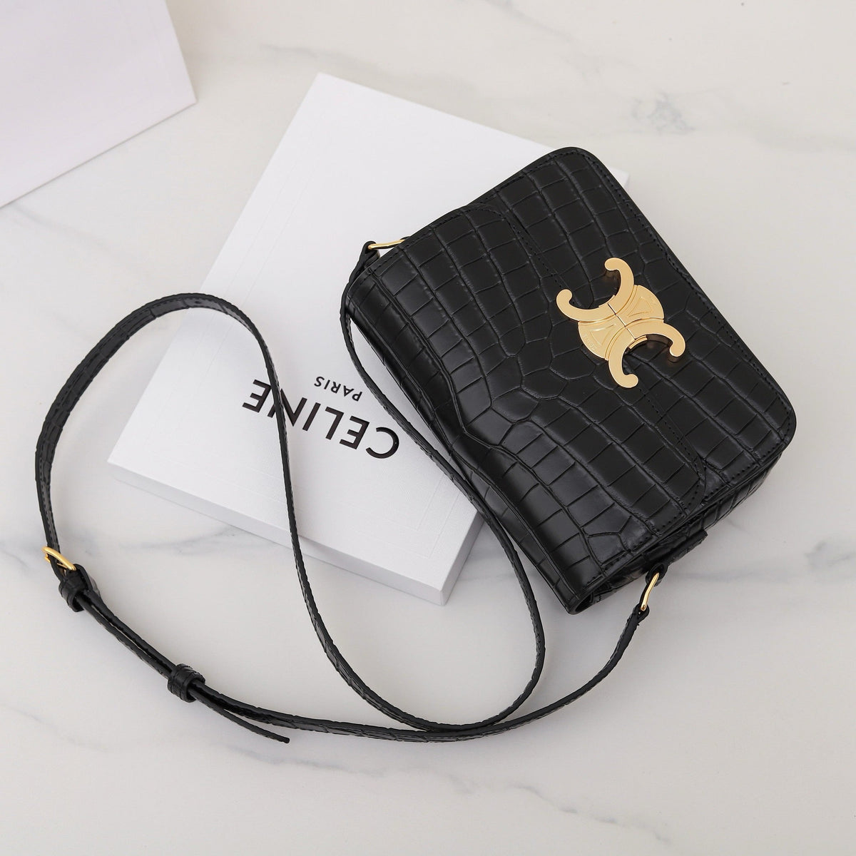 Celine Triomphe Teen 18 Black Alligator Skin Bag