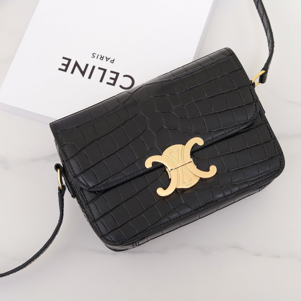 Celine Triomphe Teen 18 Black Alligator Skin Bag