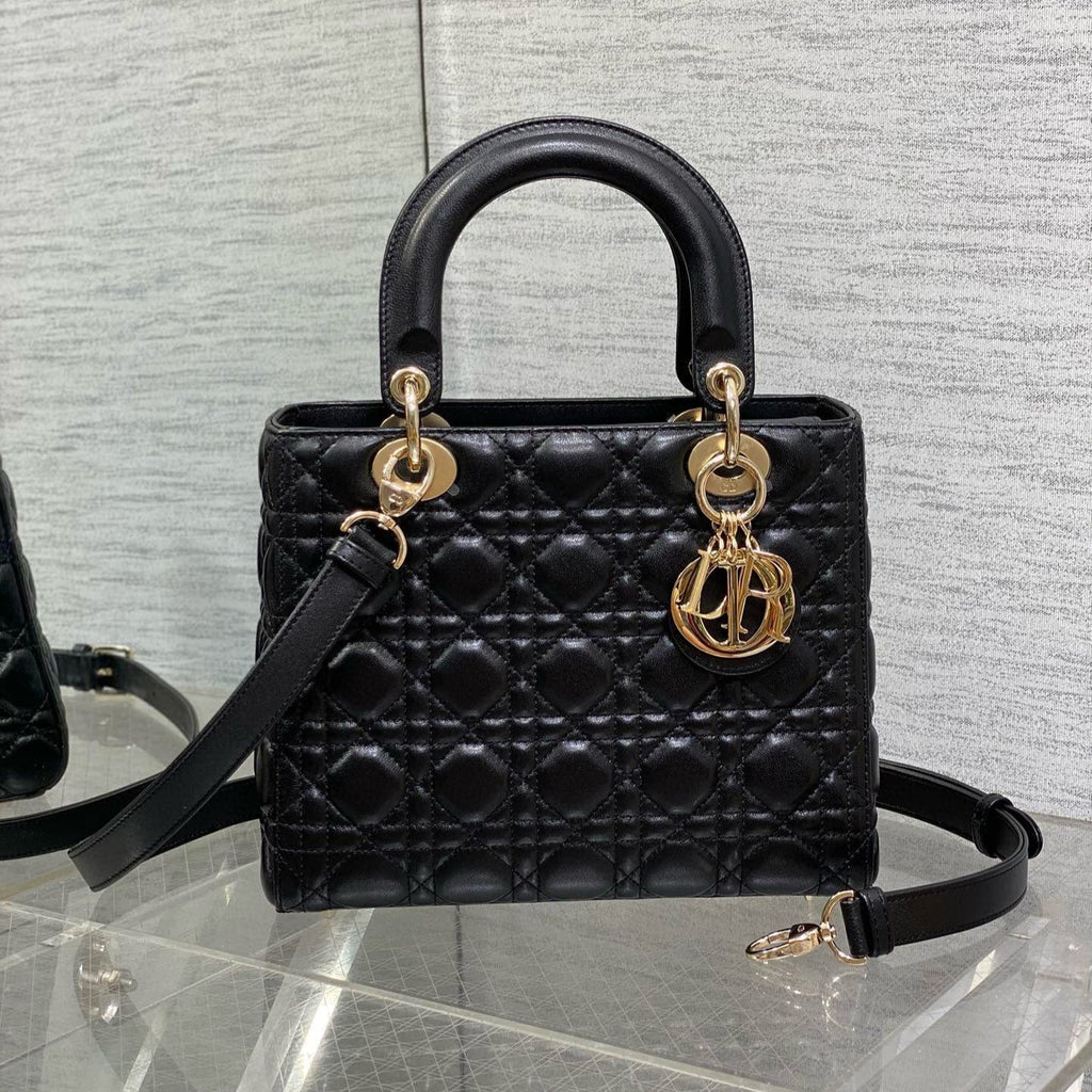 Dior Medium Lady Bag 24 in Black Calfskin Gold Hardware