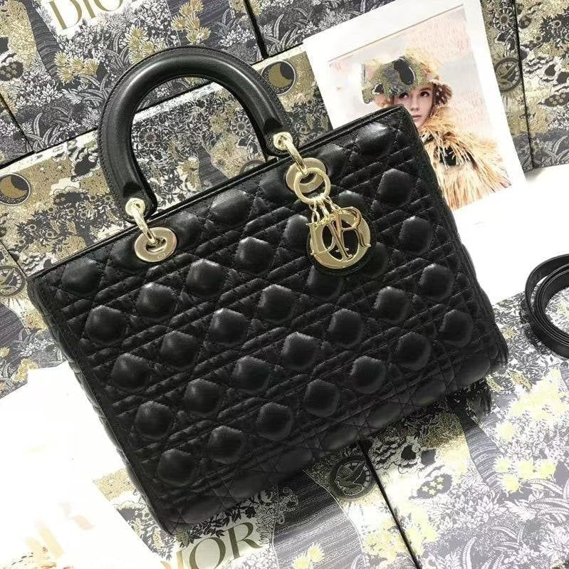 Dior Large 32 Lady Bag in Black Lambskin with Gold Hardware