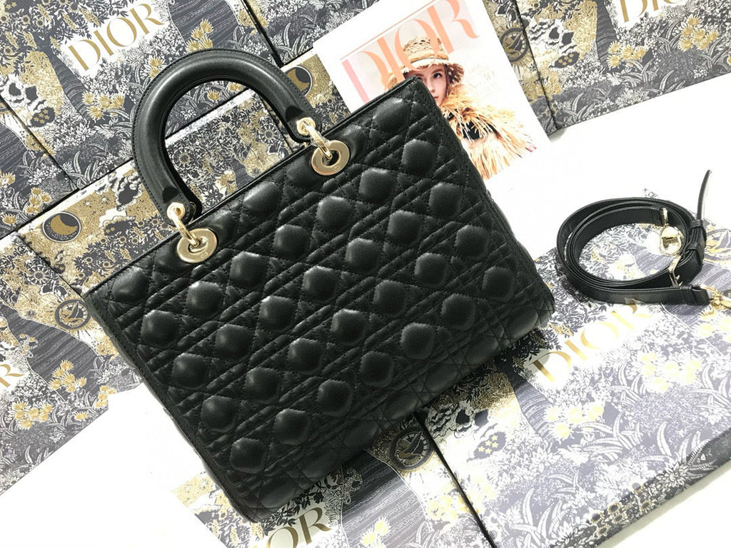 Dior Large 32 Lady Bag in Black Lambskin with Gold Hardware
