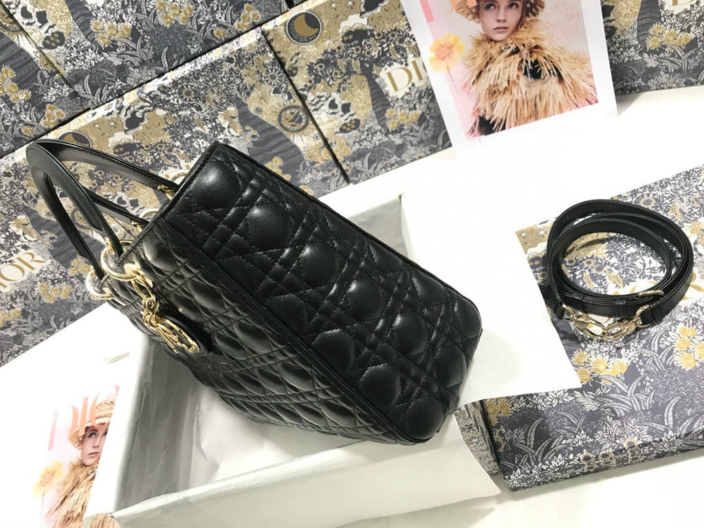 Dior Large 32 Lady Bag in Black Lambskin with Gold Hardware