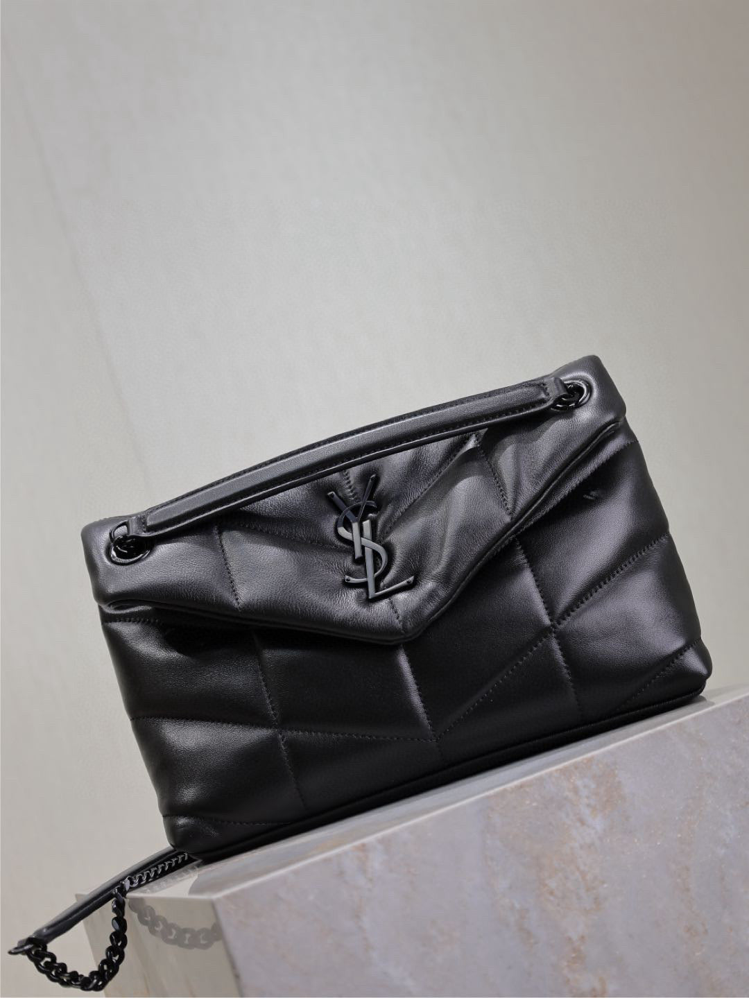 Saint Laurent Loulou Puffer Medium 29 in All Black Sheepskin Black Hardware Bag