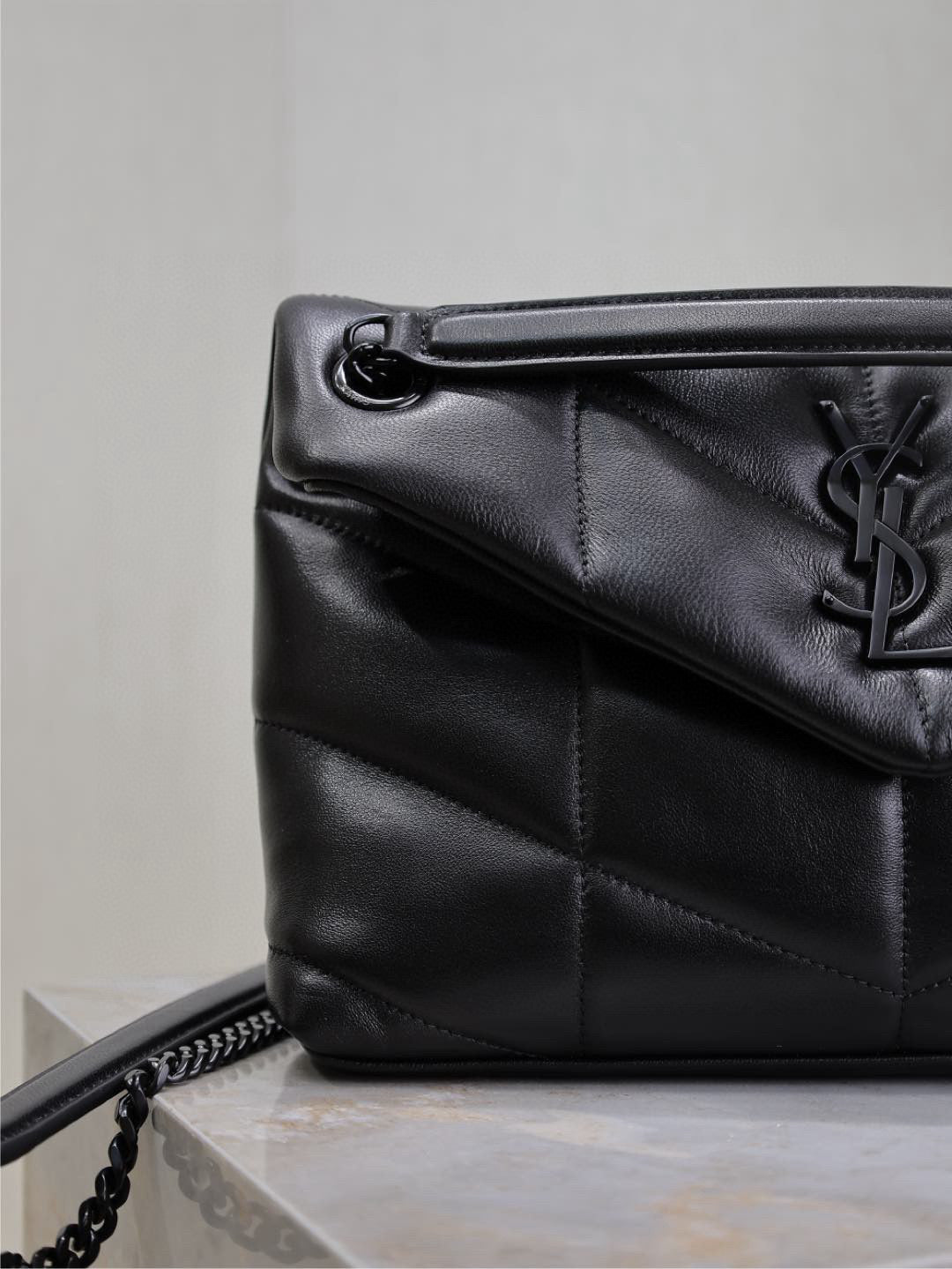Saint Laurent Loulou Puffer Medium 29 in All Black Sheepskin Black Hardware Bag