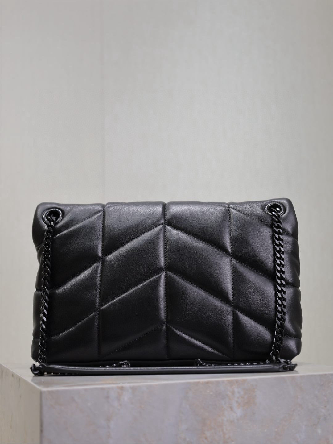 Saint Laurent Loulou Puffer Medium 29 in All Black Sheepskin Black Hardware Bag