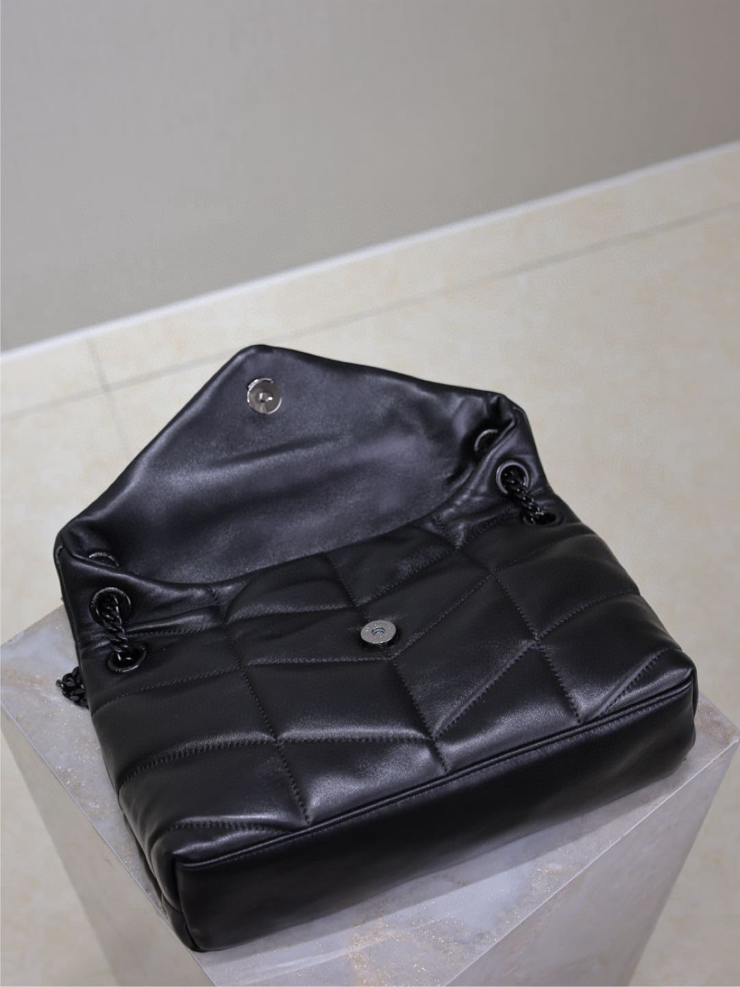 Saint Laurent Loulou Puffer Medium 29 in All Black Sheepskin Black Hardware Bag