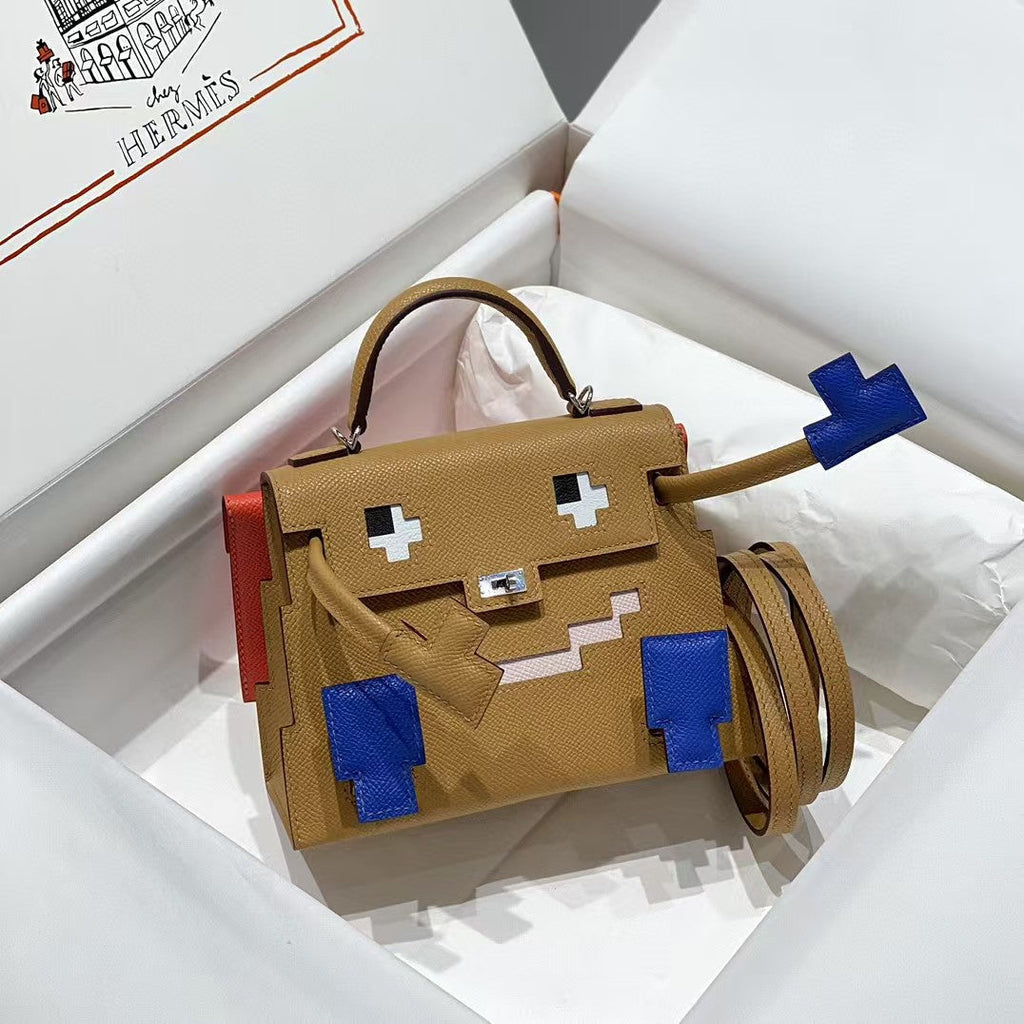 Hermes Kelly Doll Picto Mini 18 Brown Mix Blue Calfskin Bag