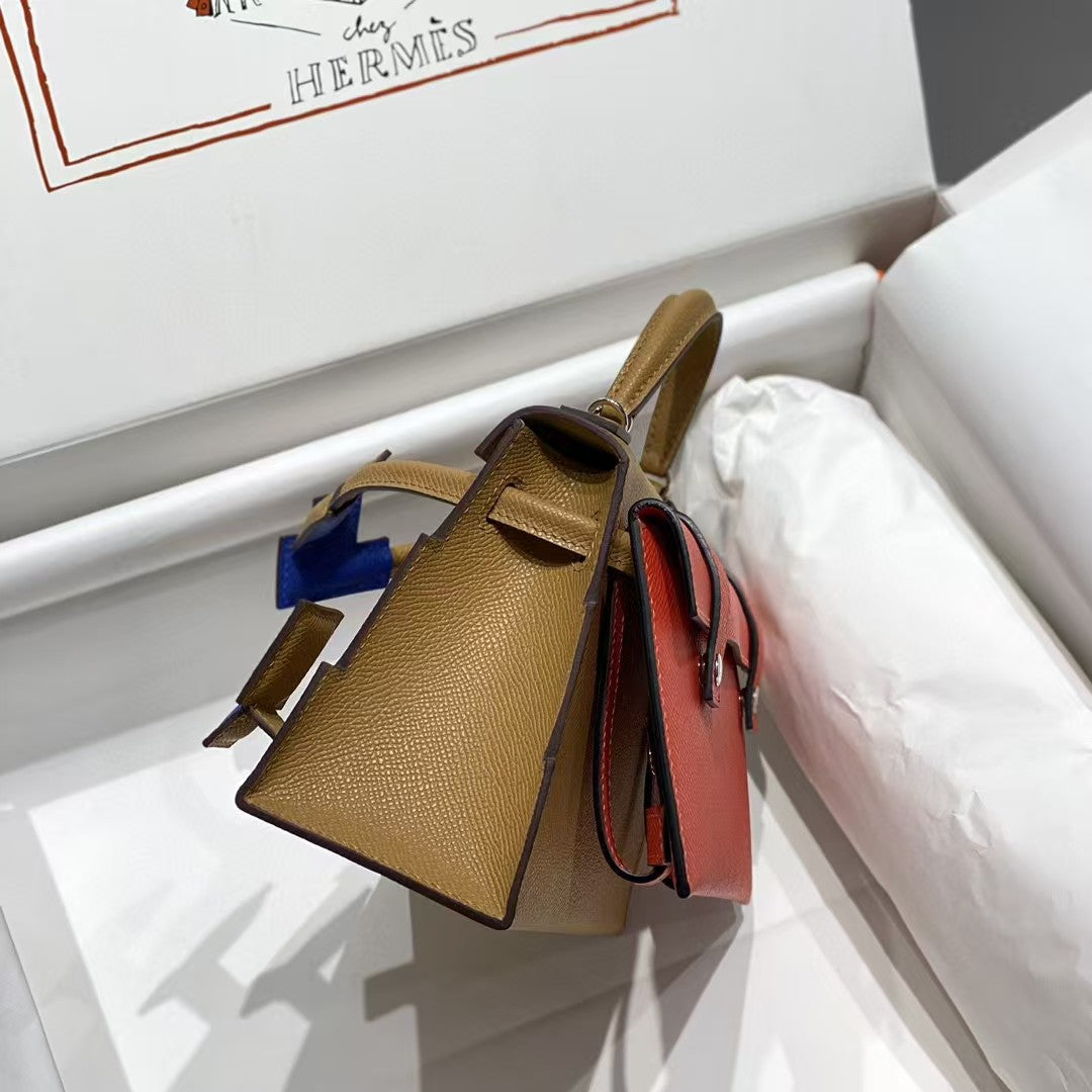 Hermes Kelly Doll Picto Mini 18 Brown Mix Blue Calfskin Bag