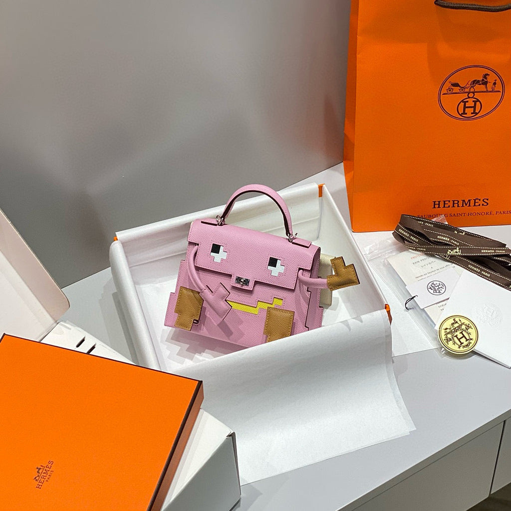 Hermes Kelly Doll Picto Mini 18 Pink Mix Brown Calfskin Bag
