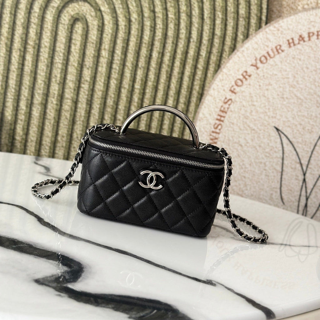 Chanel 25P Vanity 17 Caviar with Handle Metal in Black Calfskin Silver Hardware Bag
