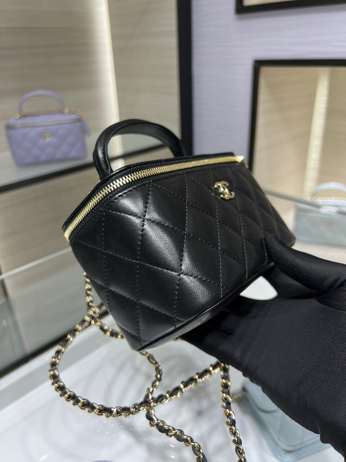 Chanel Vanity 17 Top Handle in Black Quilted Lambskin Gold Hardware Bag