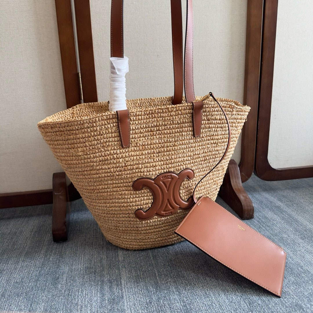 Celine Medium Supple Classic Panier in Raffia and Calfskin Bag