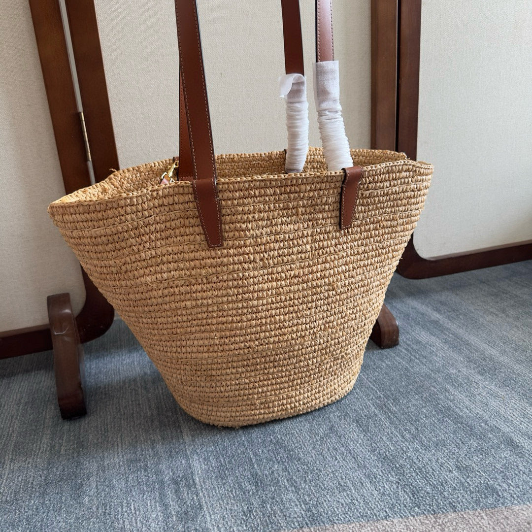 Celine Medium Supple Classic Panier in Raffia and Calfskin Bag