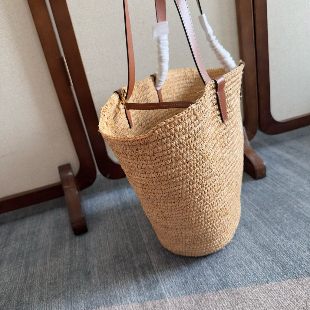 Celine Medium Supple Classic Panier in Raffia and Calfskin Bag