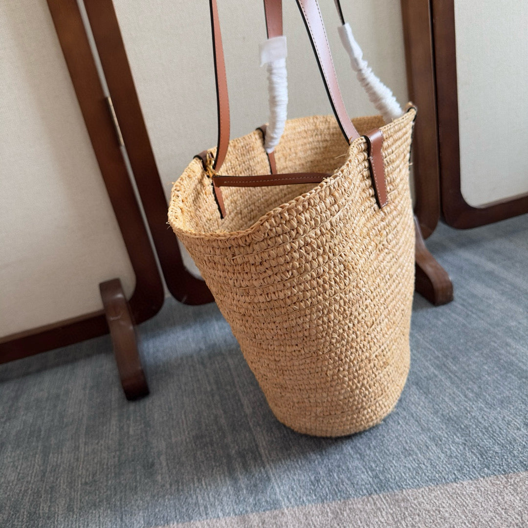 Celine Medium Supple Classic Panier in Raffia and Calfskin Bag