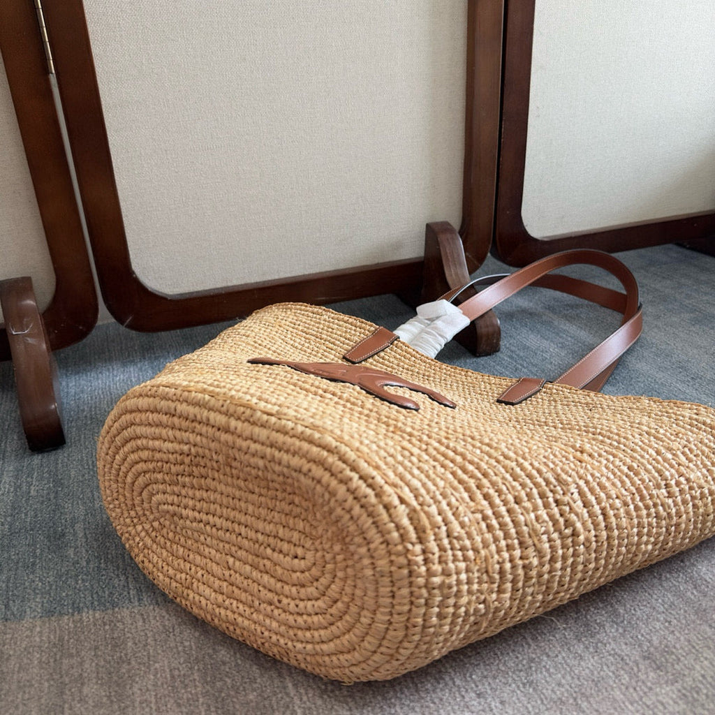 Celine Medium Supple Classic Panier in Raffia and Calfskin Bag
