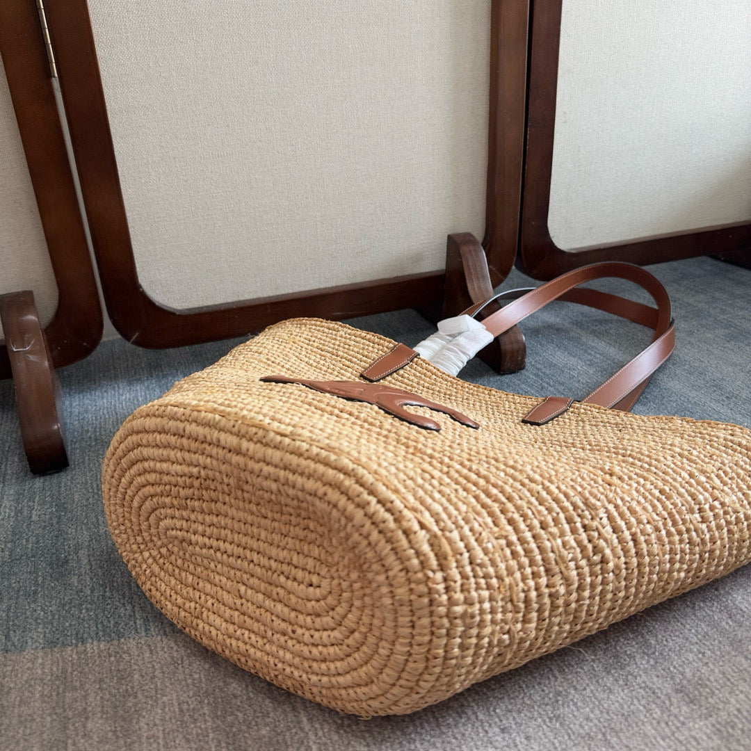 Celine Medium Supple Classic Panier in Raffia and Calfskin Bag