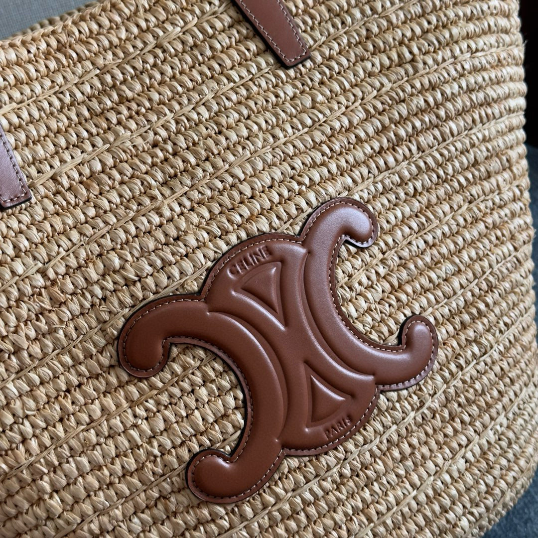 Celine Medium Supple Classic Panier in Raffia and Calfskin Bag