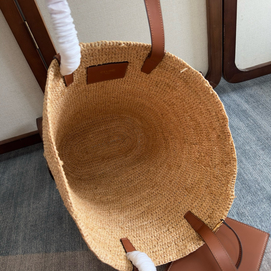 Celine Medium Supple Classic Panier in Raffia and Calfskin Bag