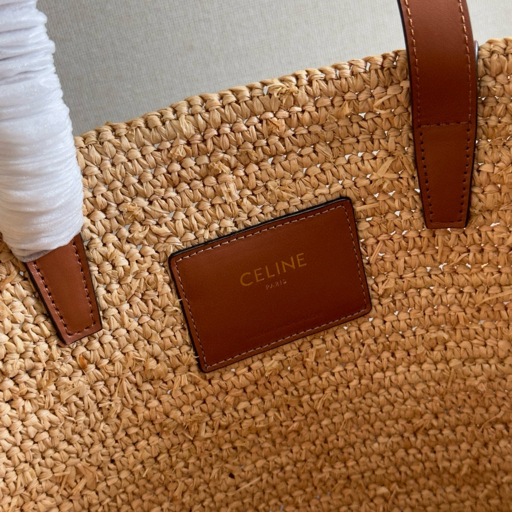 Celine Medium Supple Classic Panier in Raffia and Calfskin Bag
