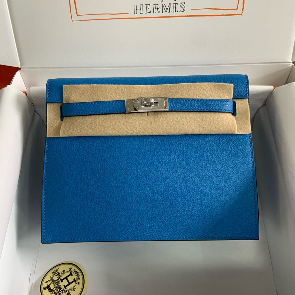 Hermes Kelly Danse 22 Evercolor Blue in Calfskin Sliver Hardware Bag