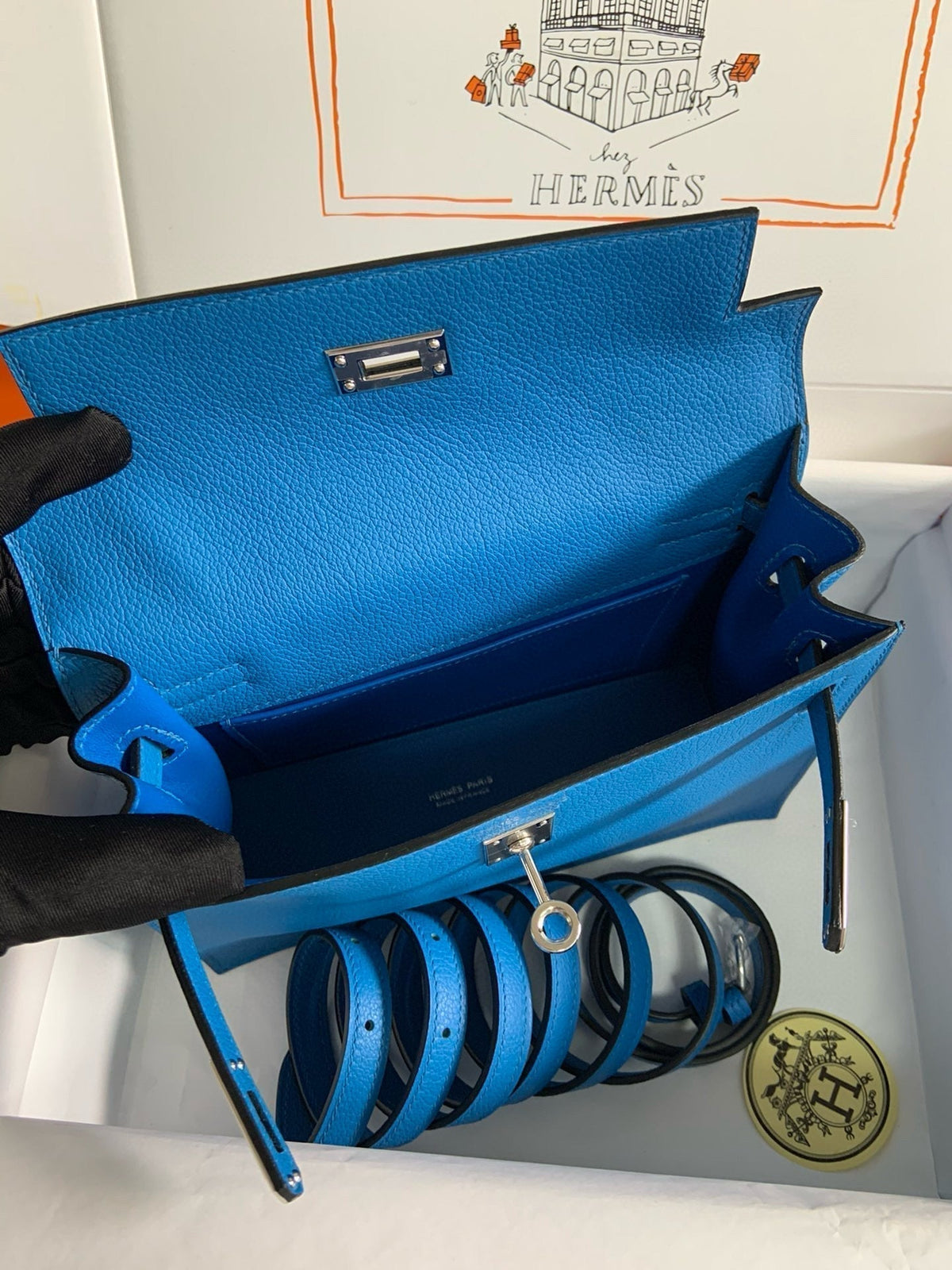 Hermes Kelly Danse 22 Evercolor Blue in Calfskin Sliver Hardware Bag
