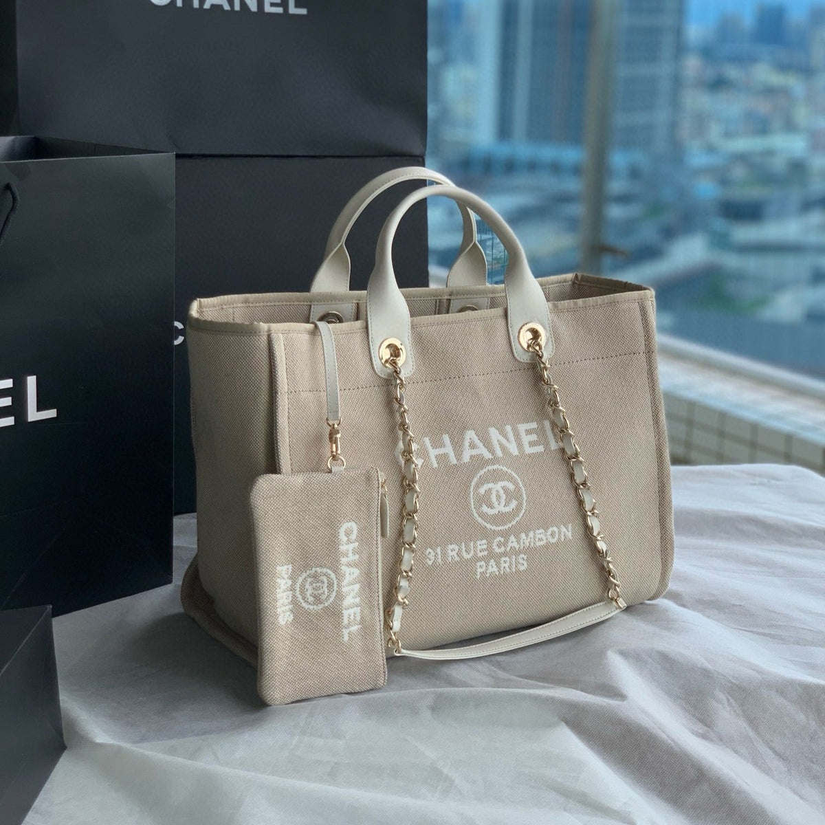 Chanel Shopping Bag 38 in Beige and White Canvas