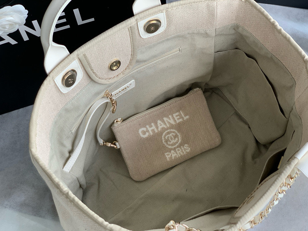 Chanel Shopping Bag 38 in Beige and White Canvas