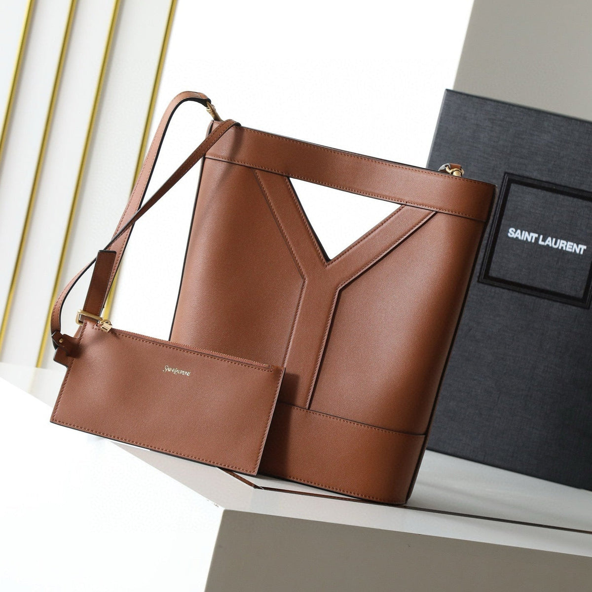 Saint Laurent Y Bucket Bag 30 in Brown Calfskin