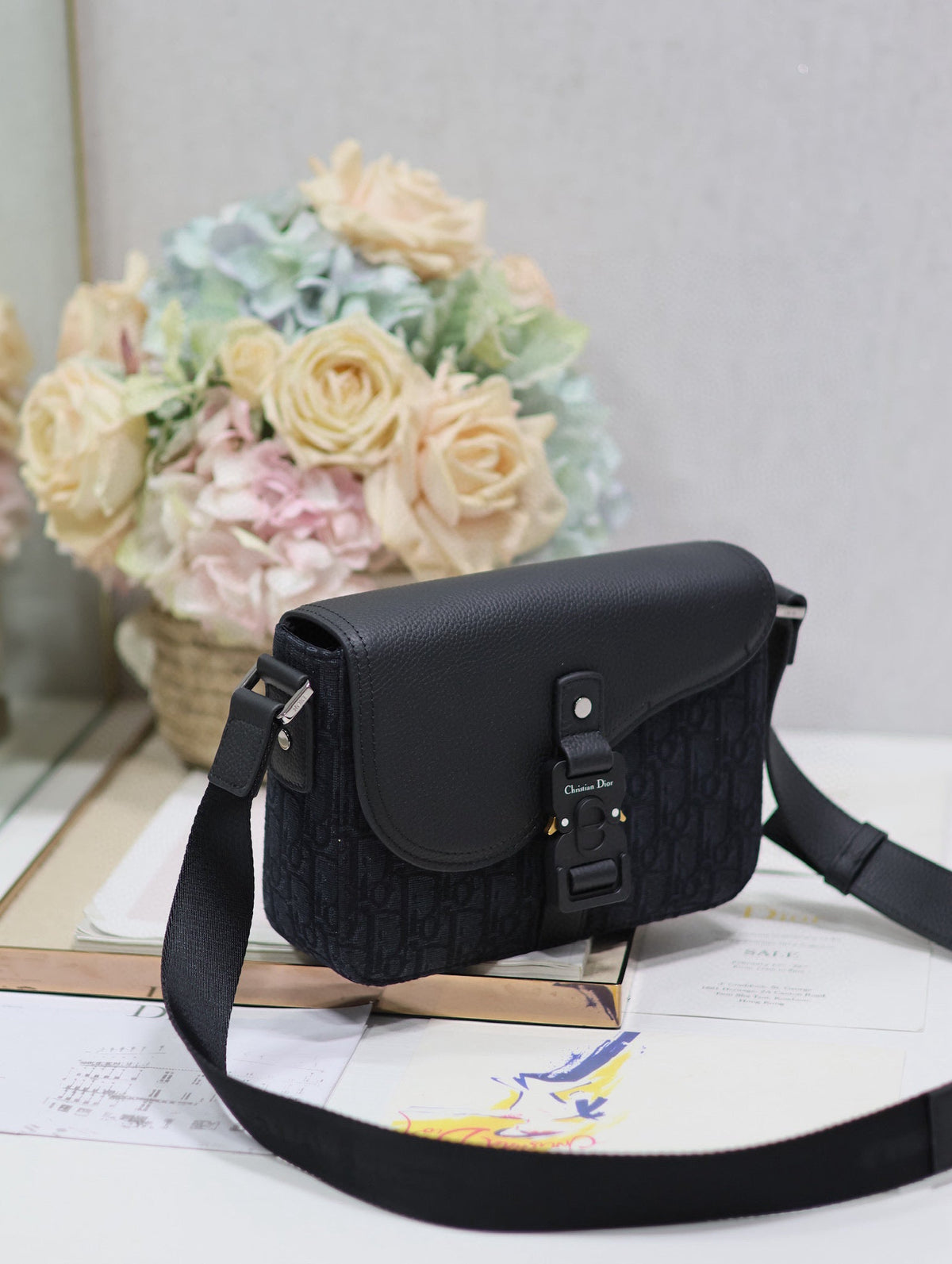 Dior Medium Saddle Messenger Bag in Black Oblique Jacquard and Black Grained Calfskin