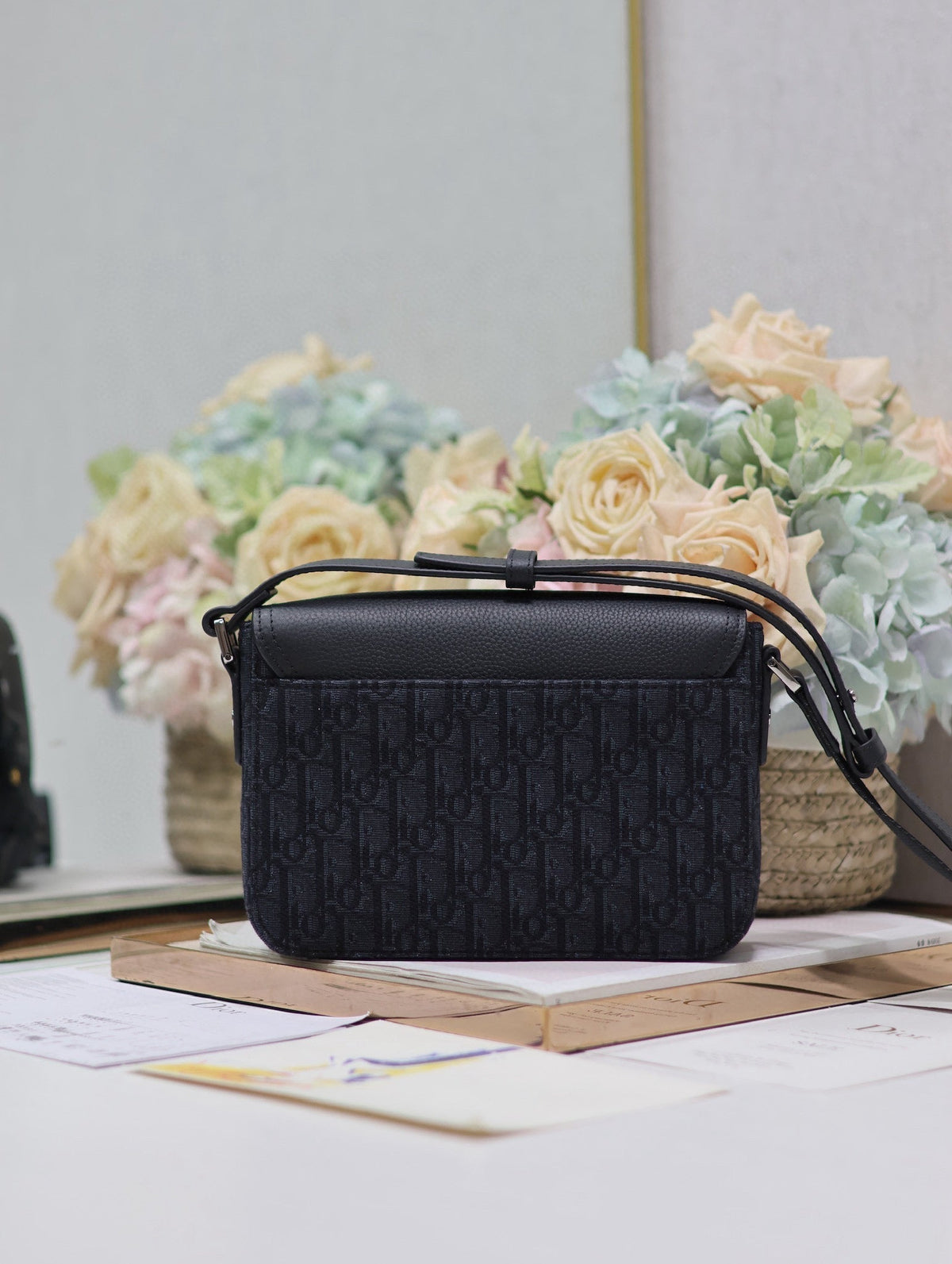 Dior Medium Saddle Messenger Bag in Black Oblique Jacquard and Black Grained Calfskin