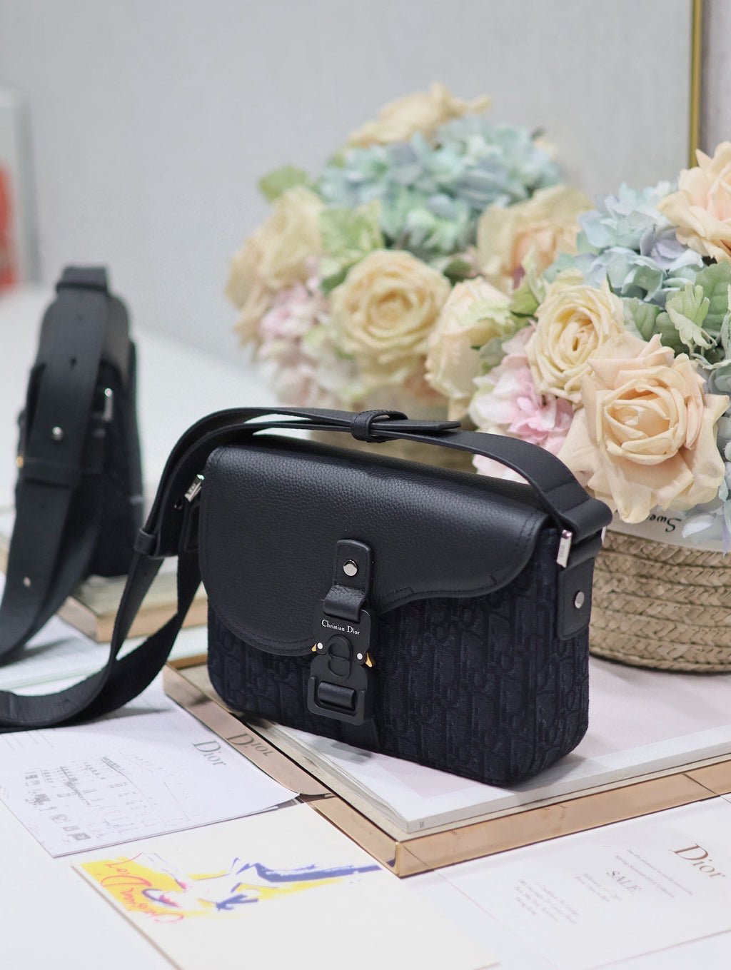 Dior Medium Saddle Messenger Bag in Black Oblique Jacquard and Black Grained Calfskin
