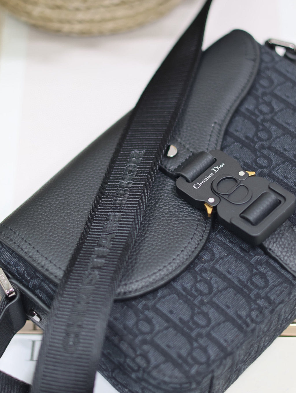 Dior Medium Saddle Messenger Bag in Black Oblique Jacquard and Black Grained Calfskin