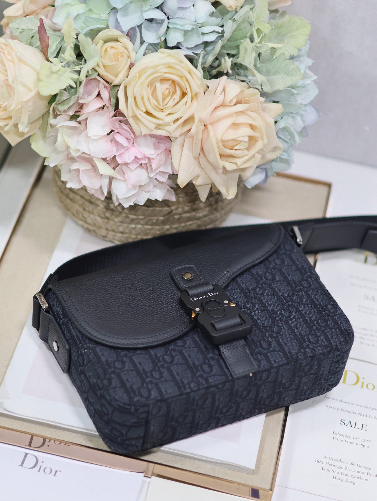 Dior Medium Saddle Messenger Bag in Black Oblique Jacquard and Black Grained Calfskin