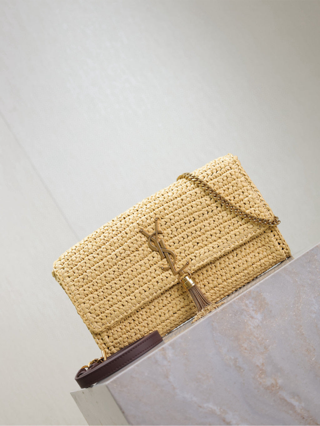 Saint Laurent Kate Bag Crossbody 26 in Beige Woven Raffia Gold Hardware