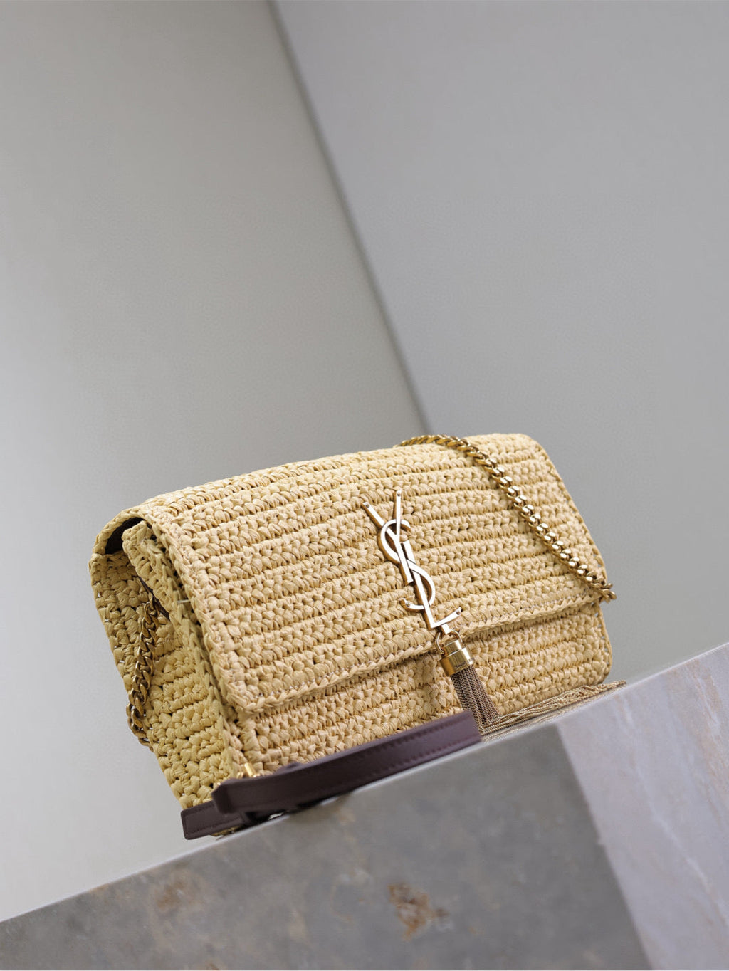 Saint Laurent Kate Bag Crossbody 26 in Beige Woven Raffia Gold Hardware