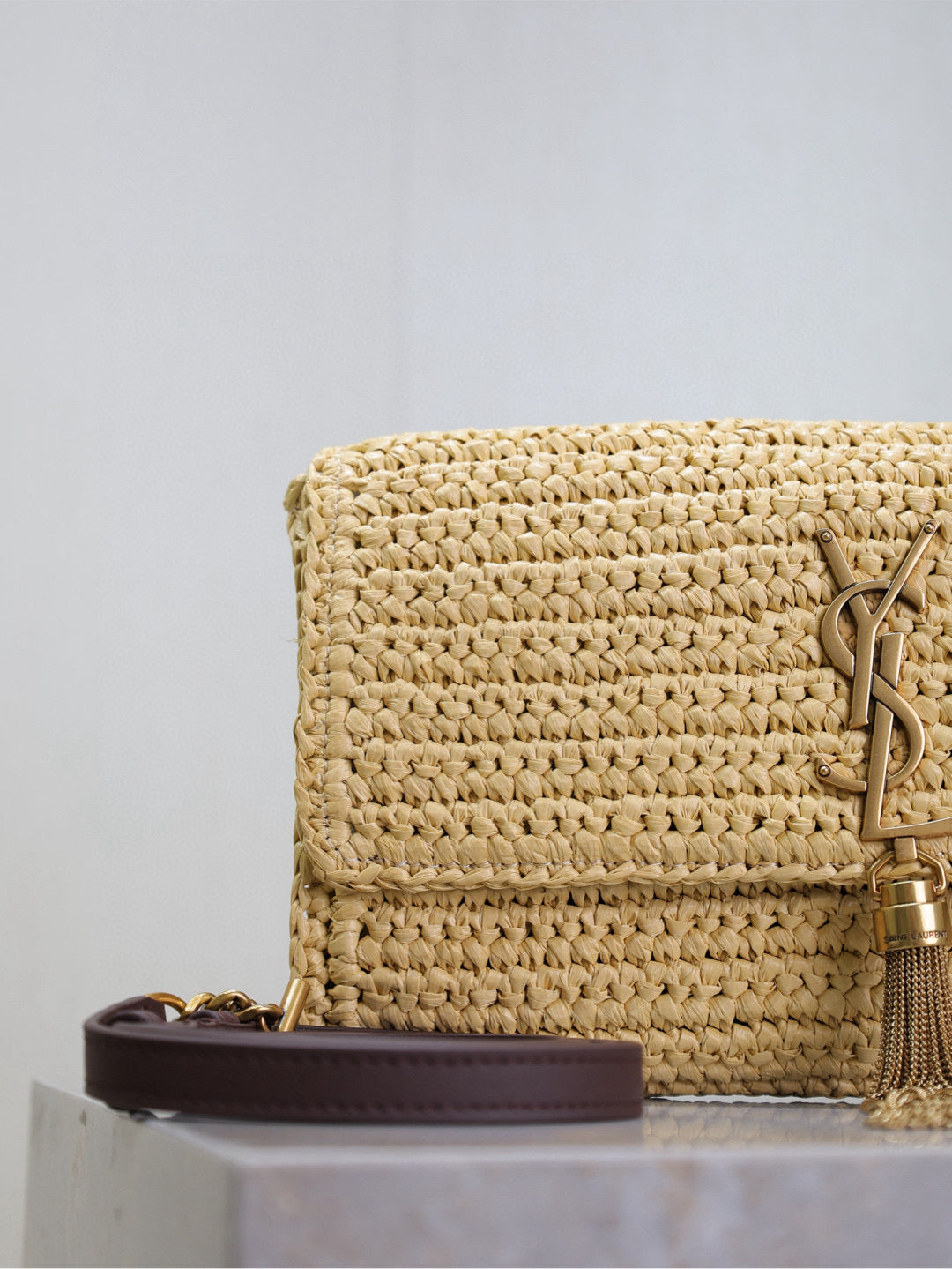 Saint Laurent Kate Bag Crossbody 26 in Beige Woven Raffia Gold Hardware