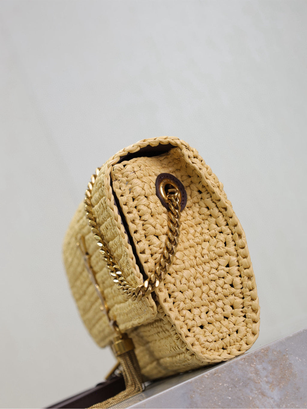 Saint Laurent Kate Bag Crossbody 26 in Beige Woven Raffia Gold Hardware