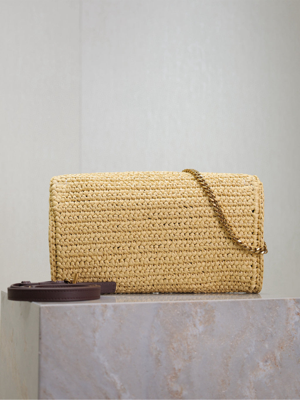 Saint Laurent Kate Bag Crossbody 26 in Beige Woven Raffia Gold Hardware