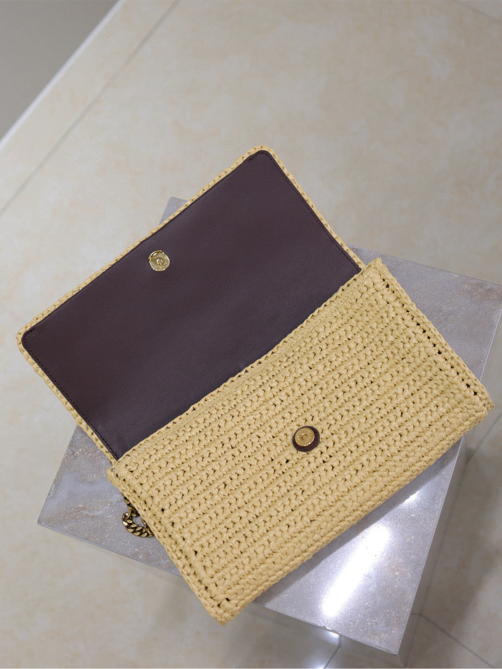 Saint Laurent Kate Bag Crossbody 26 in Beige Woven Raffia Gold Hardware