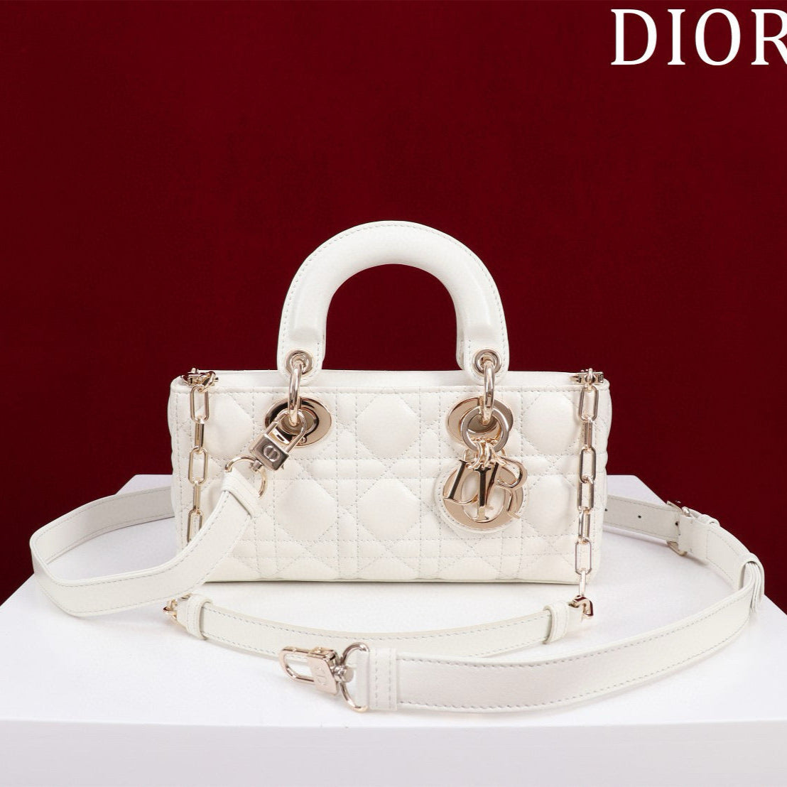 Dior Small Lady D-Joy 22 White Lambskin Gold Hardware Bag