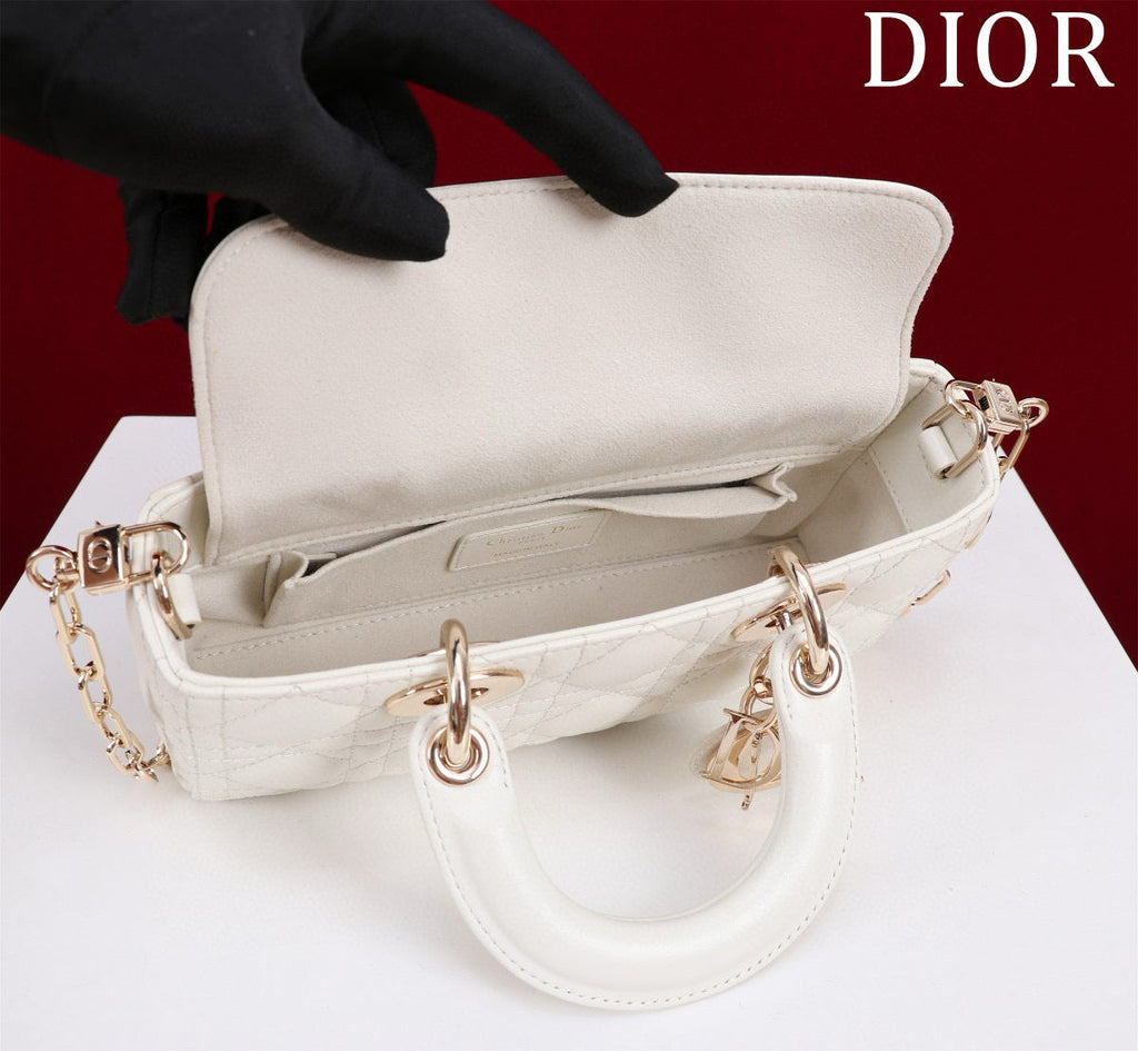 Dior Small Lady D-Joy 22 White Lambskin Gold Hardware Bag