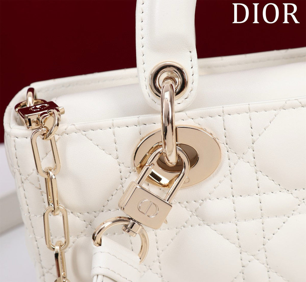 Dior Small Lady D-Joy 22 White Lambskin Gold Hardware Bag